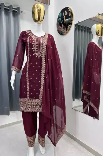 Maroon color faux georgette embroidery work party wear salwar suit