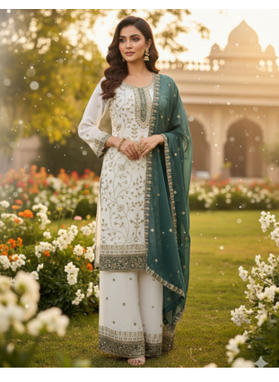 White color faux georgette embroidery work long party wear plazo suit 2