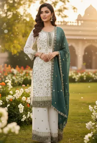 White color faux georgette embroidery work long party wear plazo suit