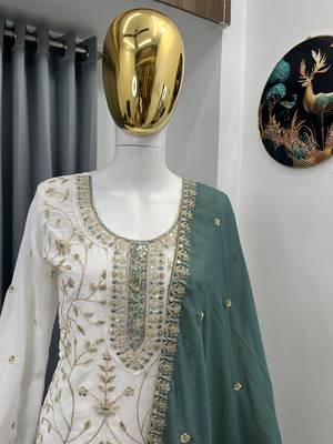 White color faux georgette embroidery work long party wear plazo suit 3
