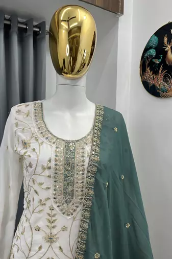 White color faux georgette embroidery work long party wear plazo suit