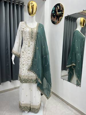 White color faux georgette embroidery work long party wear plazo suit 4