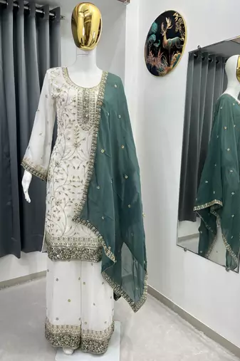White color faux georgette embroidery work long party wear plazo suit