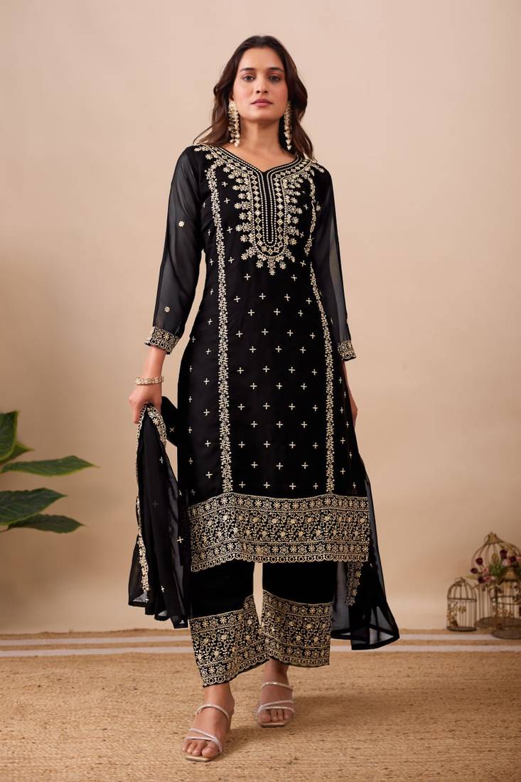 White color faux georgette embroidery work party wear salwar suit