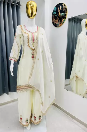 Cream color chinnon silk party wear trending plazo set