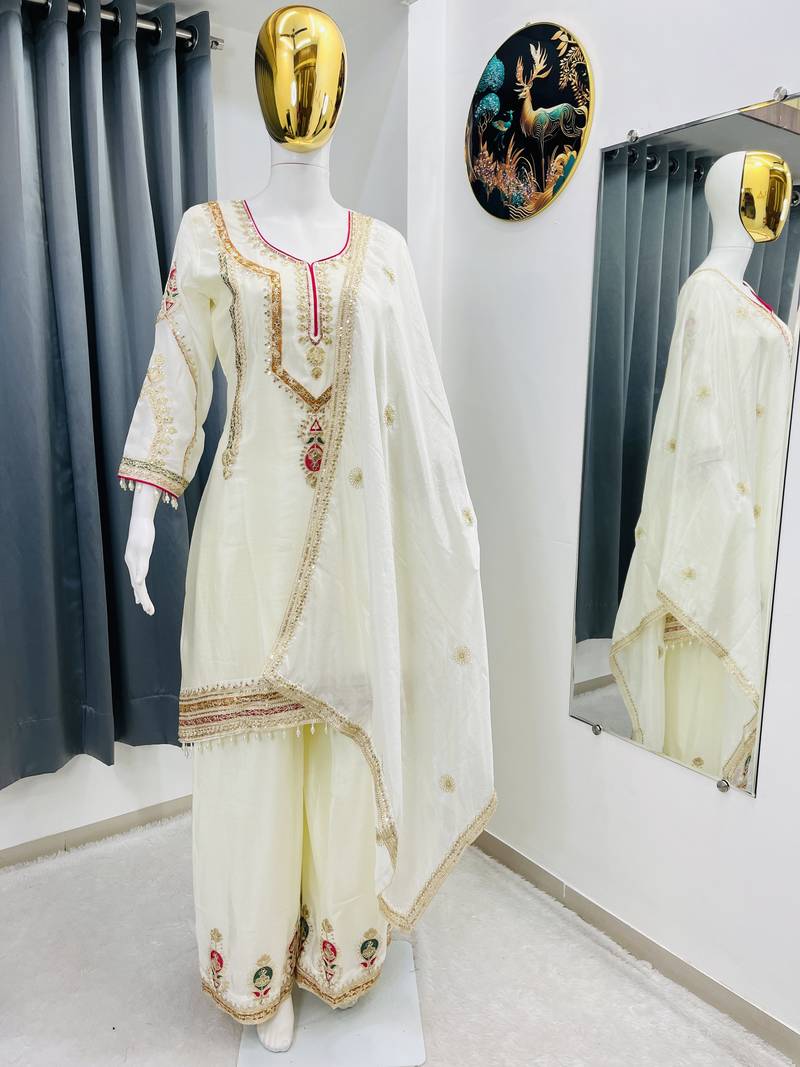 Cream color chinnon silk party wear trending plazo set