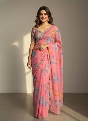 Pink color  flower print and with moti work  organza saree 1
