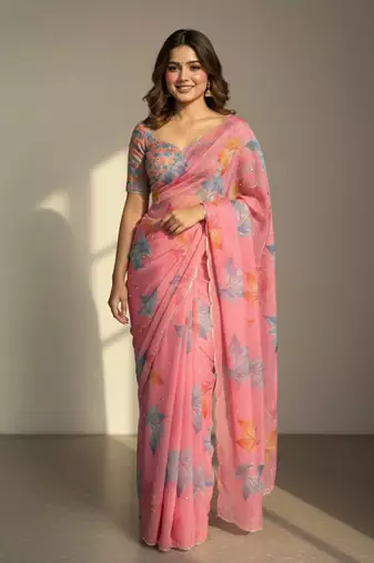 Pink color  flower print and with moti work  organza saree