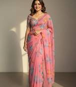 Pink color  flower print and with moti work  organza saree