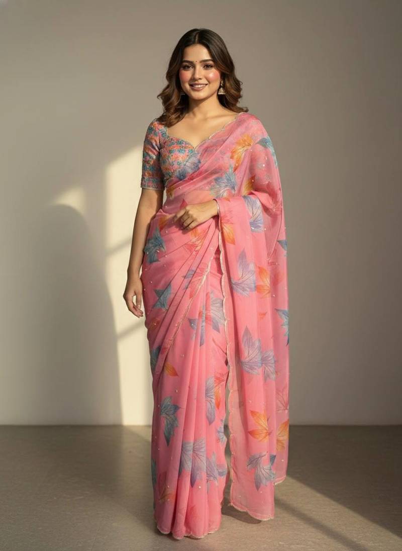 Pink color  flower print and with moti work  organza saree