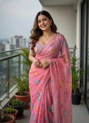Pink color  flower print and with moti work  organza saree 2