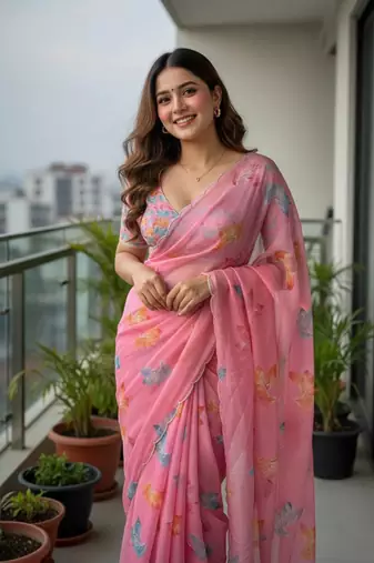 Pink color  flower print and with moti work  organza saree