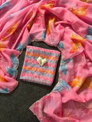Pink color  flower print and with moti work  organza saree 3