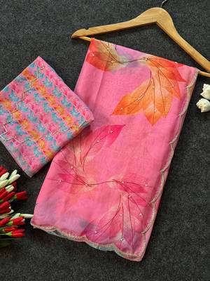 Pink color  flower print and with moti work  organza saree 4