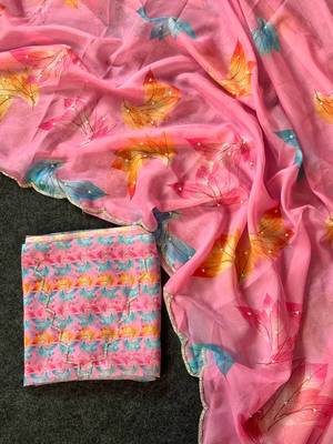 Pink color  flower print and with moti work  organza saree 5