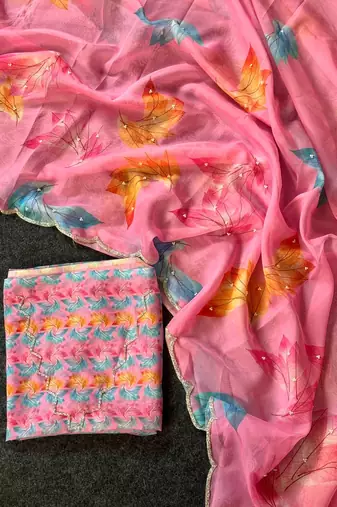 Pink color  flower print and with moti work  organza saree