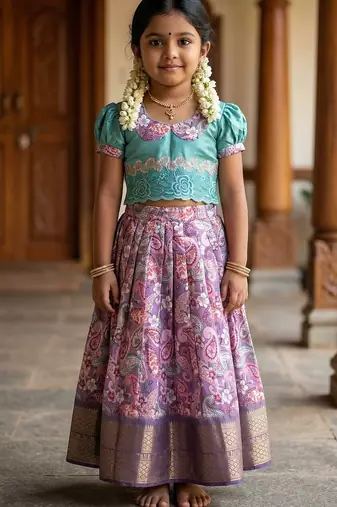 Soft silk zari weaving south style kids lehenga choli