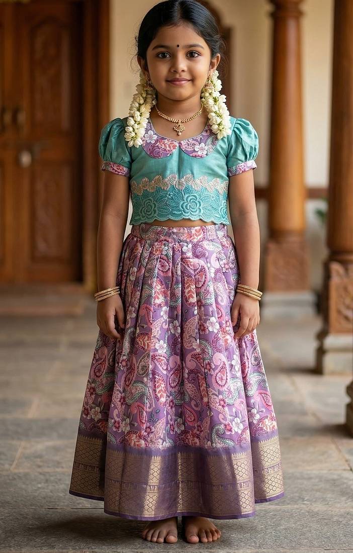 Soft silk zari weaving south style kids lehenga choli