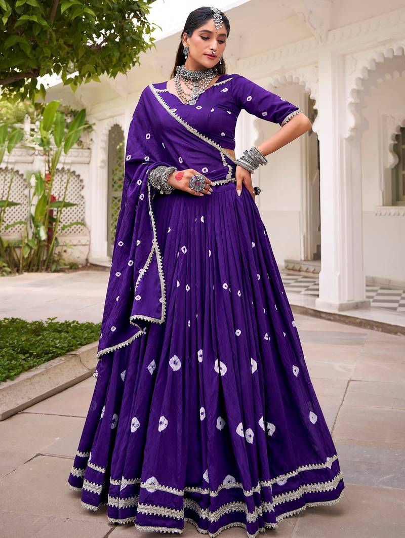 Fantastic Purple Bandhej Printed Chanderi Festive Wear Lehenga Choli