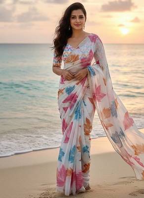 White color  flower print silver cut dana cut work organza saree 1