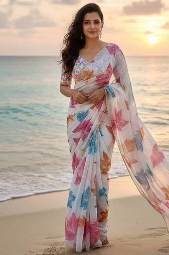 White color  flower print silver cut dana cut work organza saree