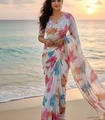 White color  flower print silver cut dana cut work organza saree