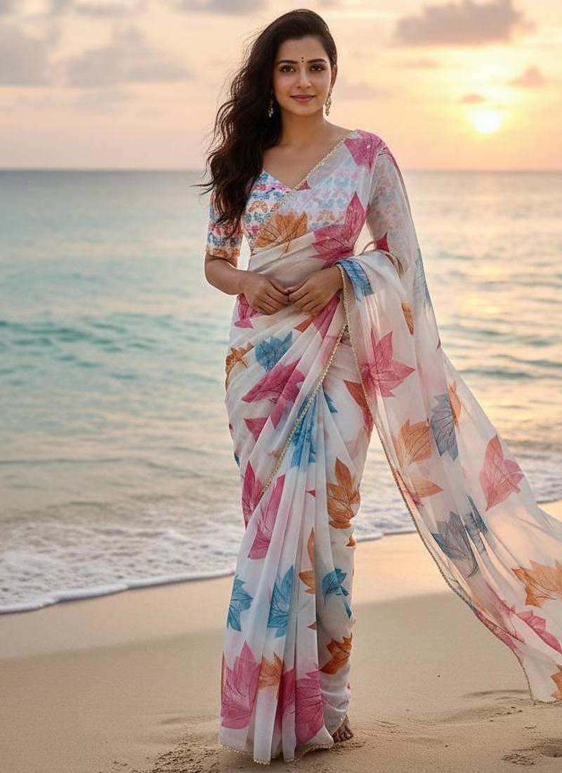 White color  flower print silver cut dana cut work organza saree