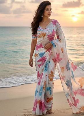 White color  flower print silver cut dana cut work organza saree 2