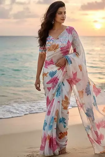 White color  flower print silver cut dana cut work organza saree