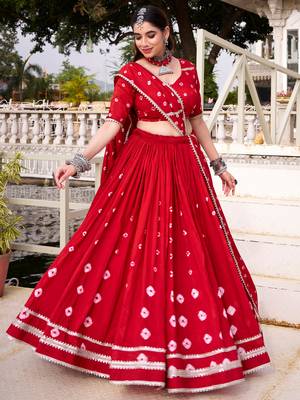 Lovable Red Bandhej Printed Chanderi Wedding Wear Lehenga Choli 1