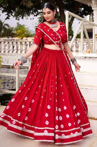 Lovable Red Bandhej Printed Chanderi Wedding Wear Lehenga Choli