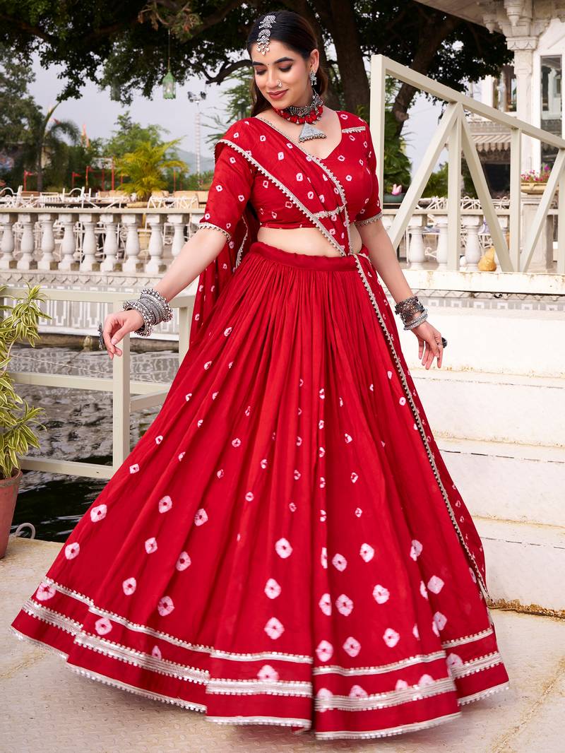 Lovable Red Bandhej Printed Chanderi Wedding Wear Lehenga Choli