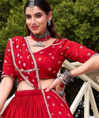 Lovable Red Bandhej Printed Chanderi Wedding Wear Lehenga Choli 3