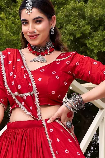 Lovable Red Bandhej Printed Chanderi Wedding Wear Lehenga Choli