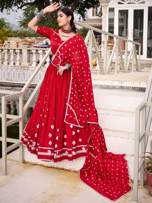 Lovable Red Bandhej Printed Chanderi Wedding Wear Lehenga Choli 4