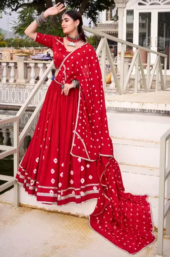 Lovable Red Bandhej Printed Chanderi Wedding Wear Lehenga Choli