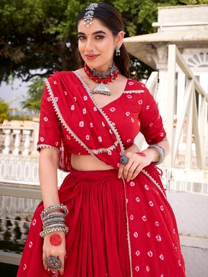 Lovable Red Bandhej Printed Chanderi Wedding Wear Lehenga Choli 6