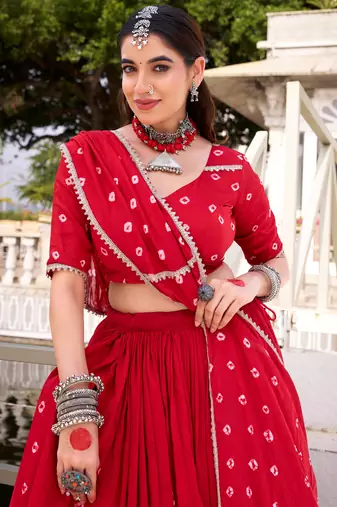 Lovable Red Bandhej Printed Chanderi Wedding Wear Lehenga Choli