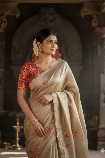 Chiku color handwork  rich pallu butterfly patola butta  art silk saree