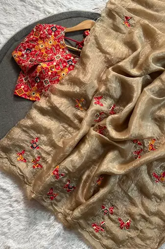 Chiku color handwork  rich pallu butterfly patola butta  art silk saree
