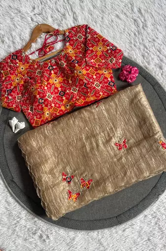 Chiku color handwork  rich pallu butterfly patola butta  silk saree