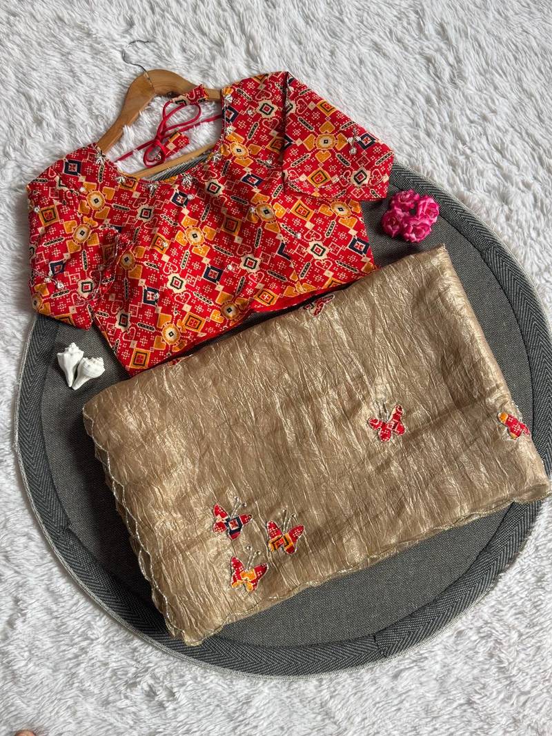 Chiku color handwork  rich pallu butterfly patola butta  silk saree