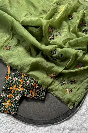 Olive color handwork  rich pallu butterfly patola butta  art silk saree