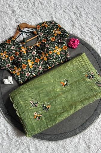 Olive color handwork  rich pallu butterfly patola butta  silk saree
