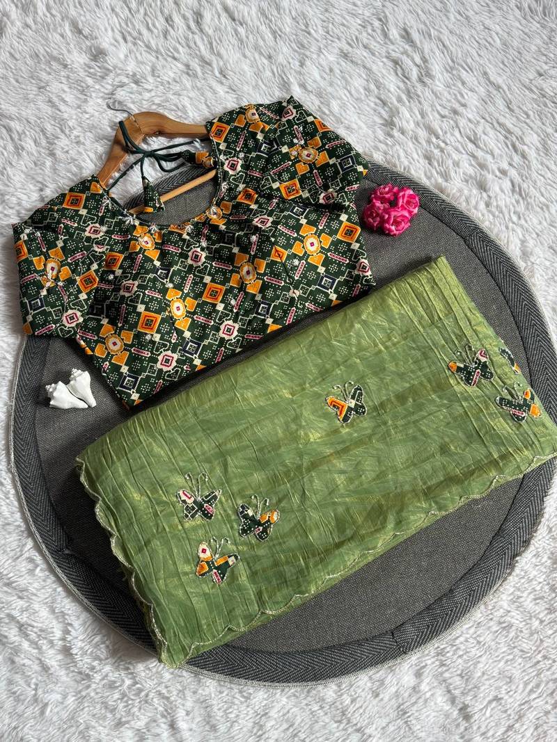 Olive color handwork  rich pallu butterfly patola butta  silk saree