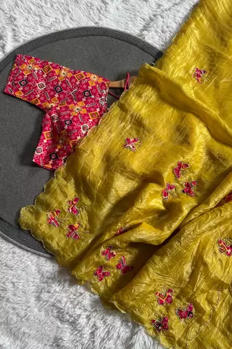 Yellow Color handwork  rich pallu butterfly patola butta  art silk saree