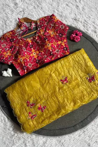 Yellow Color handwork  rich pallu butterfly patola butta  silk saree