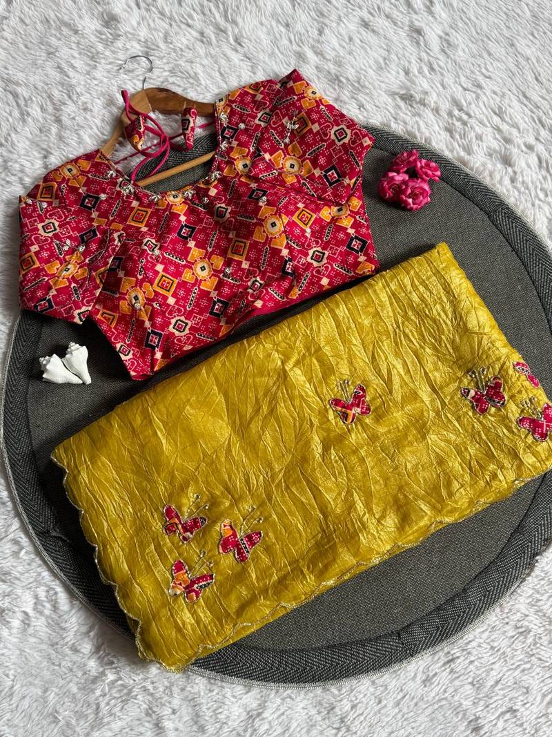 Yellow Color handwork  rich pallu butterfly patola butta  silk saree