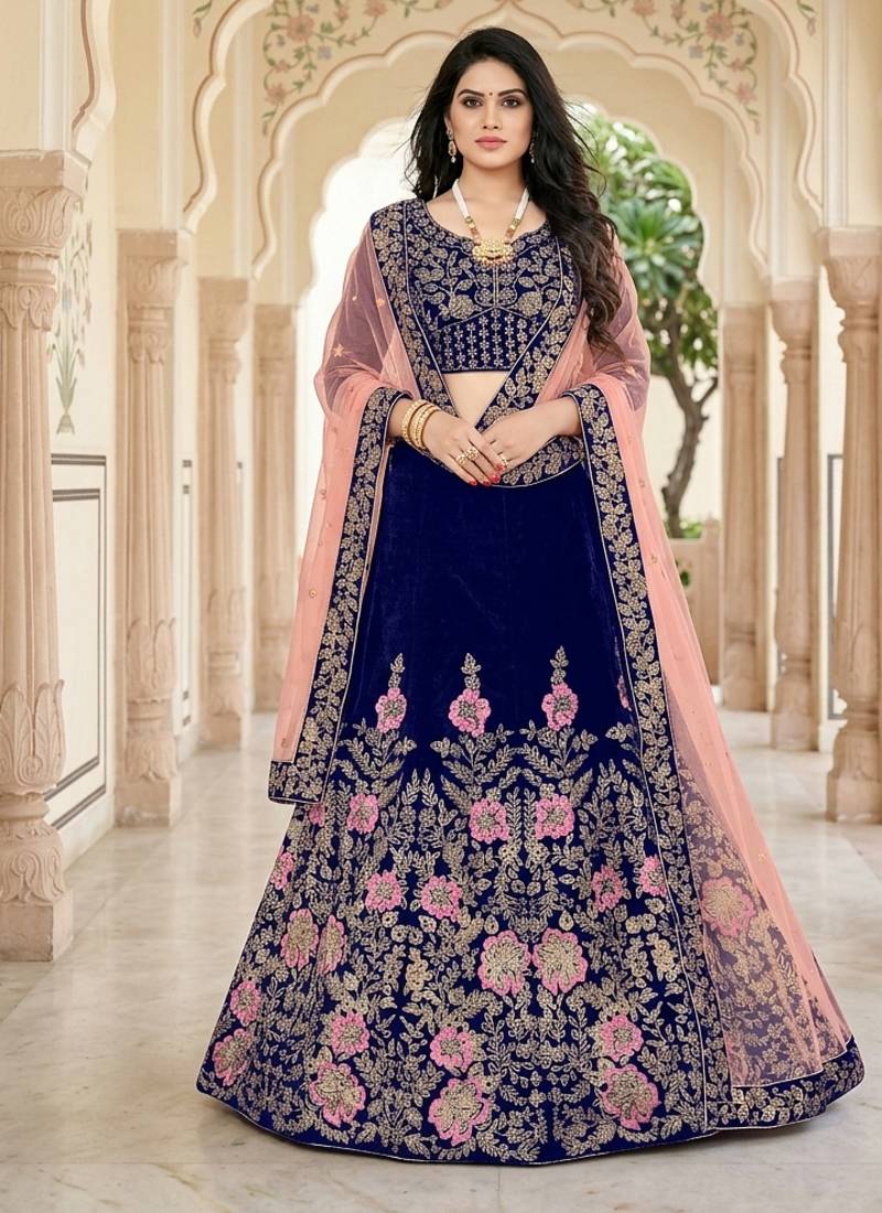 NEVY BLUE VELEVET  PARTY WEAR EMBROIDERY  LEHENGA CHOLI