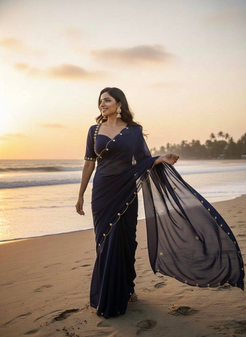 Blue Color  handwork Georgette Saree 